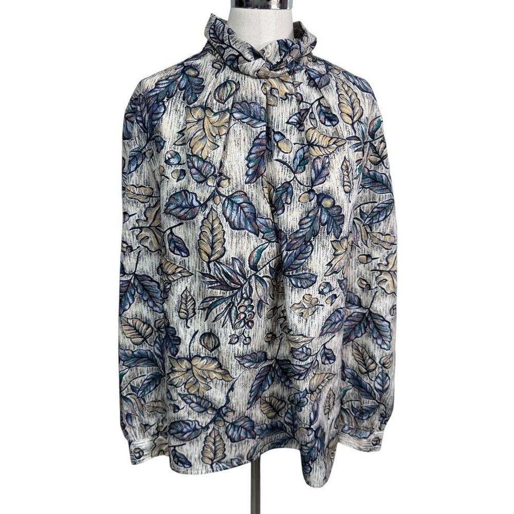 Pyke Ltd Vintage Floral Leaf Print Blouse Ruffled Mock Neck Zip Back Women's M